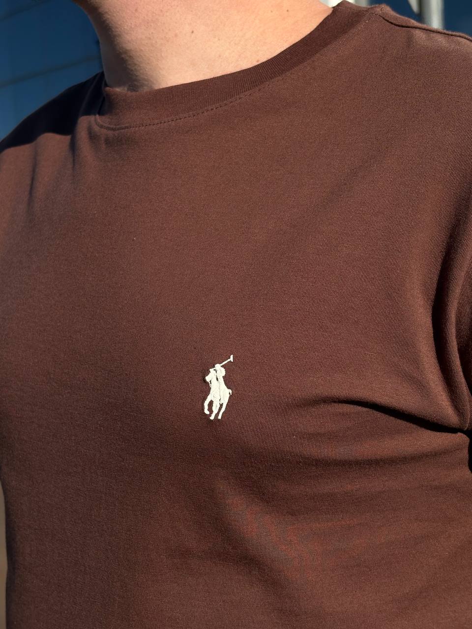 Camiseta Básica Masculina Supima Siliconada Ralph Lauren Marrom Pony Creme