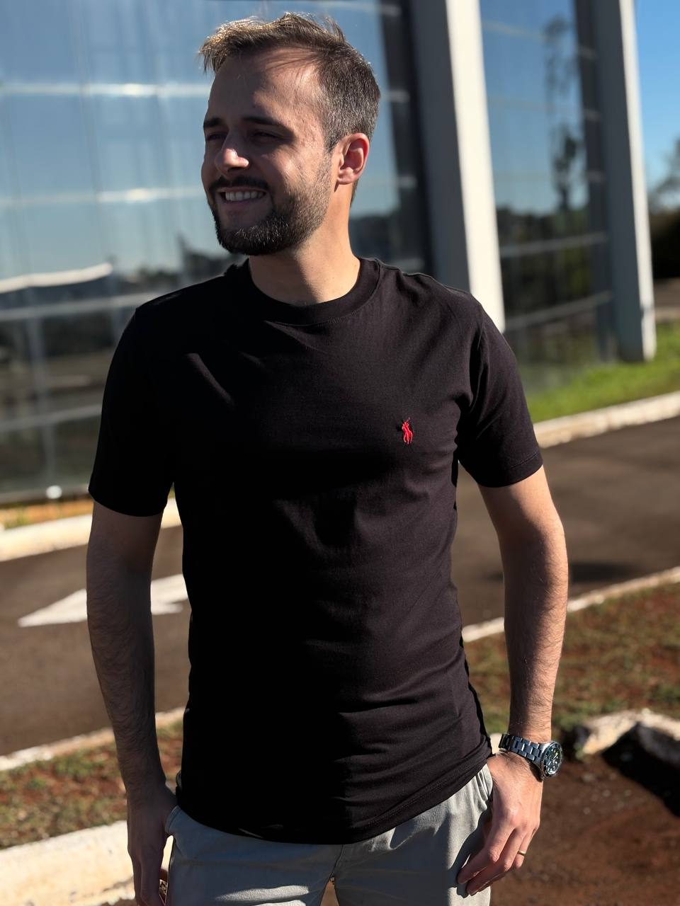 Camiseta Básica Masculina Supima Siliconada Ralph Lauren Preta Pony Vermelho