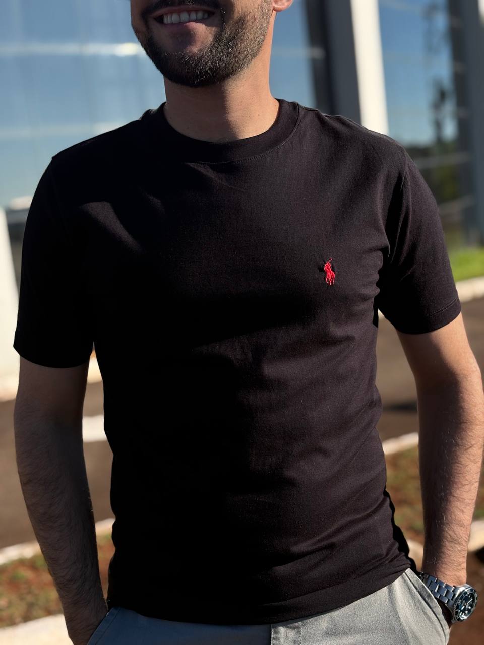 Camiseta Básica Masculina Supima Siliconada Ralph Lauren Preta Pony Vermelho