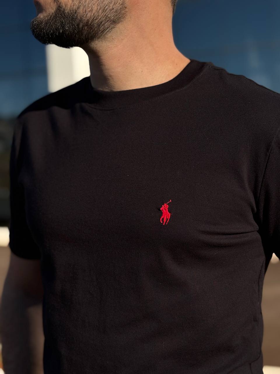Camiseta Básica Masculina Supima Siliconada Ralph Lauren Preta Pony Vermelho