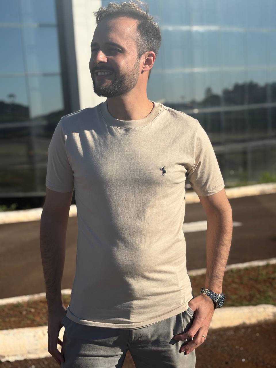 Camiseta Básica Masculina Supima Siliconada Ralph Lauren Areia Pony Marinho