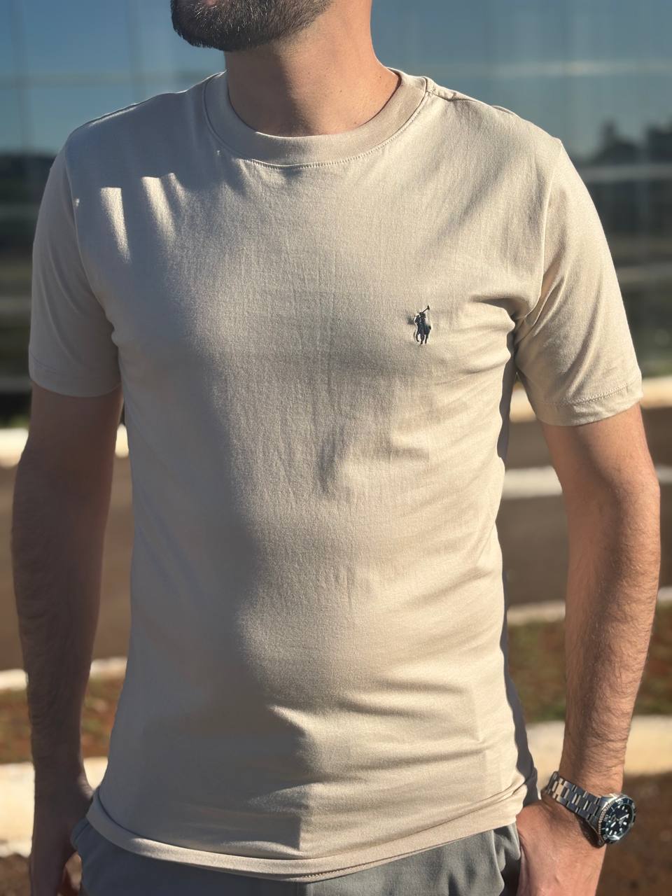 Camiseta Básica Masculina Supima Siliconada Ralph Lauren Areia Pony Marinho