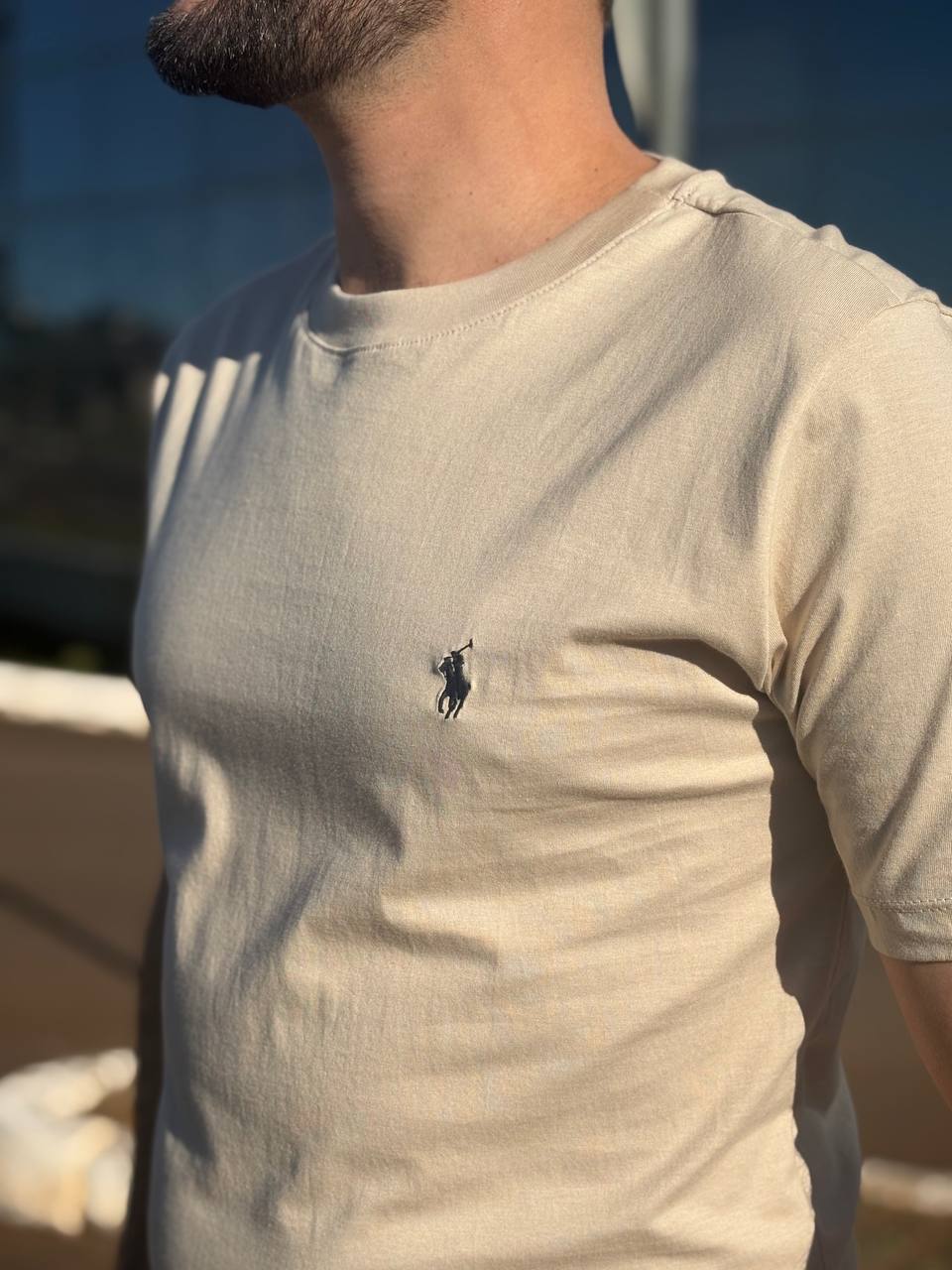 Camiseta Básica Masculina Supima Siliconada Ralph Lauren Areia Pony Marinho