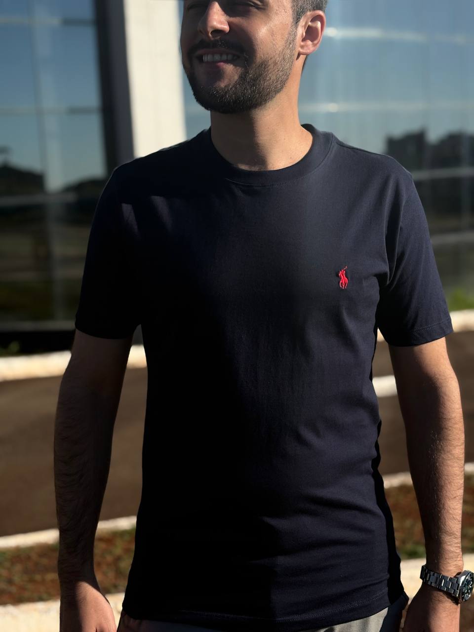 Camiseta Básica Masculina Supima Siliconada Ralph Lauren Marinho Pony Vermelho