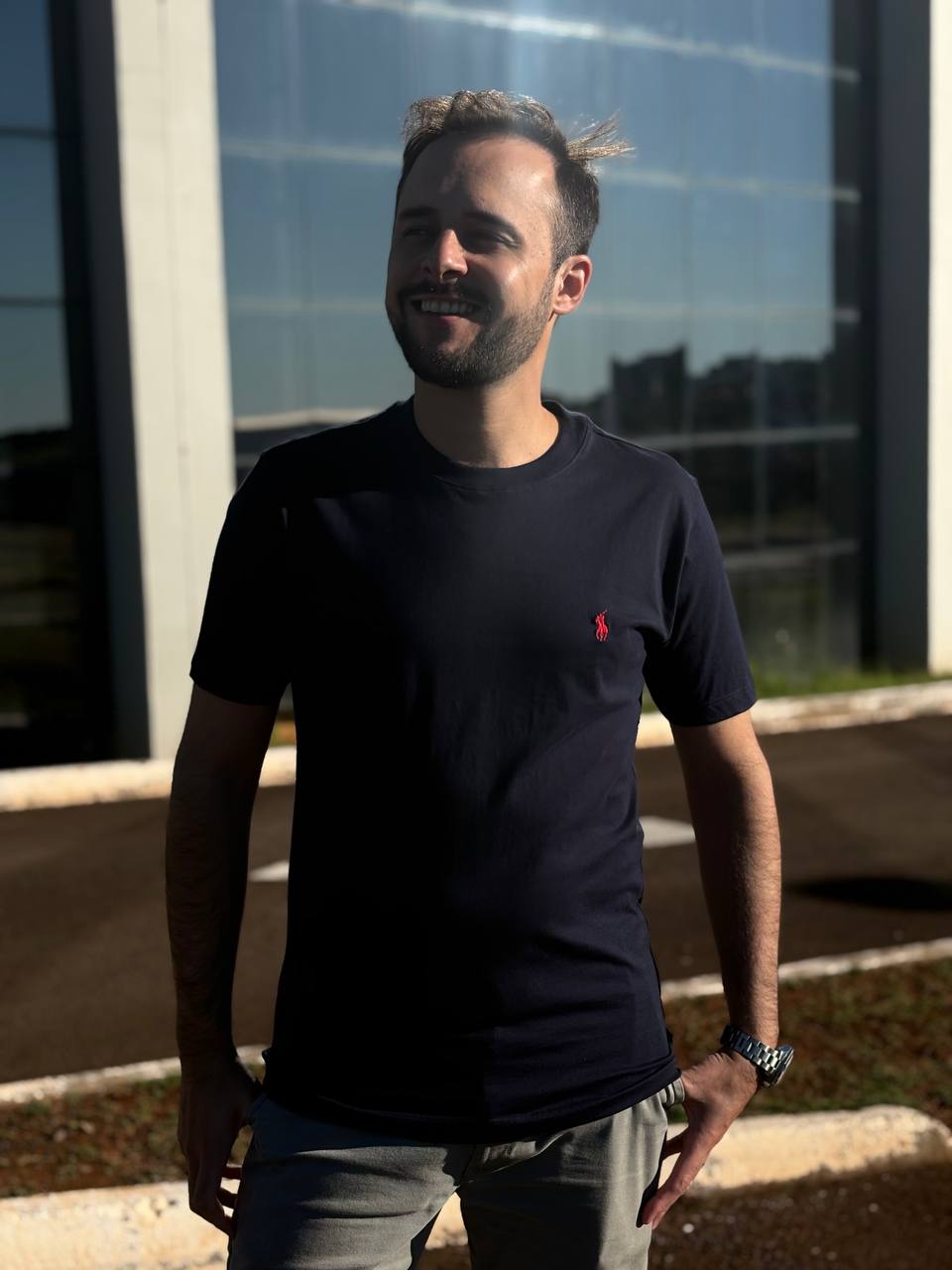 Camiseta Básica Masculina Supima Siliconada Ralph Lauren Marinho Pony Vermelho