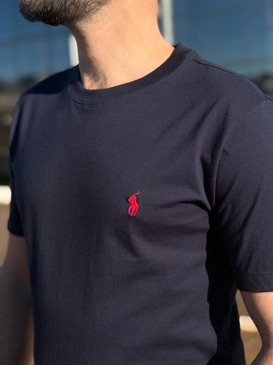 Camiseta Básica Masculina Supima Siliconada Ralph Lauren Marinho Pony Vermelho