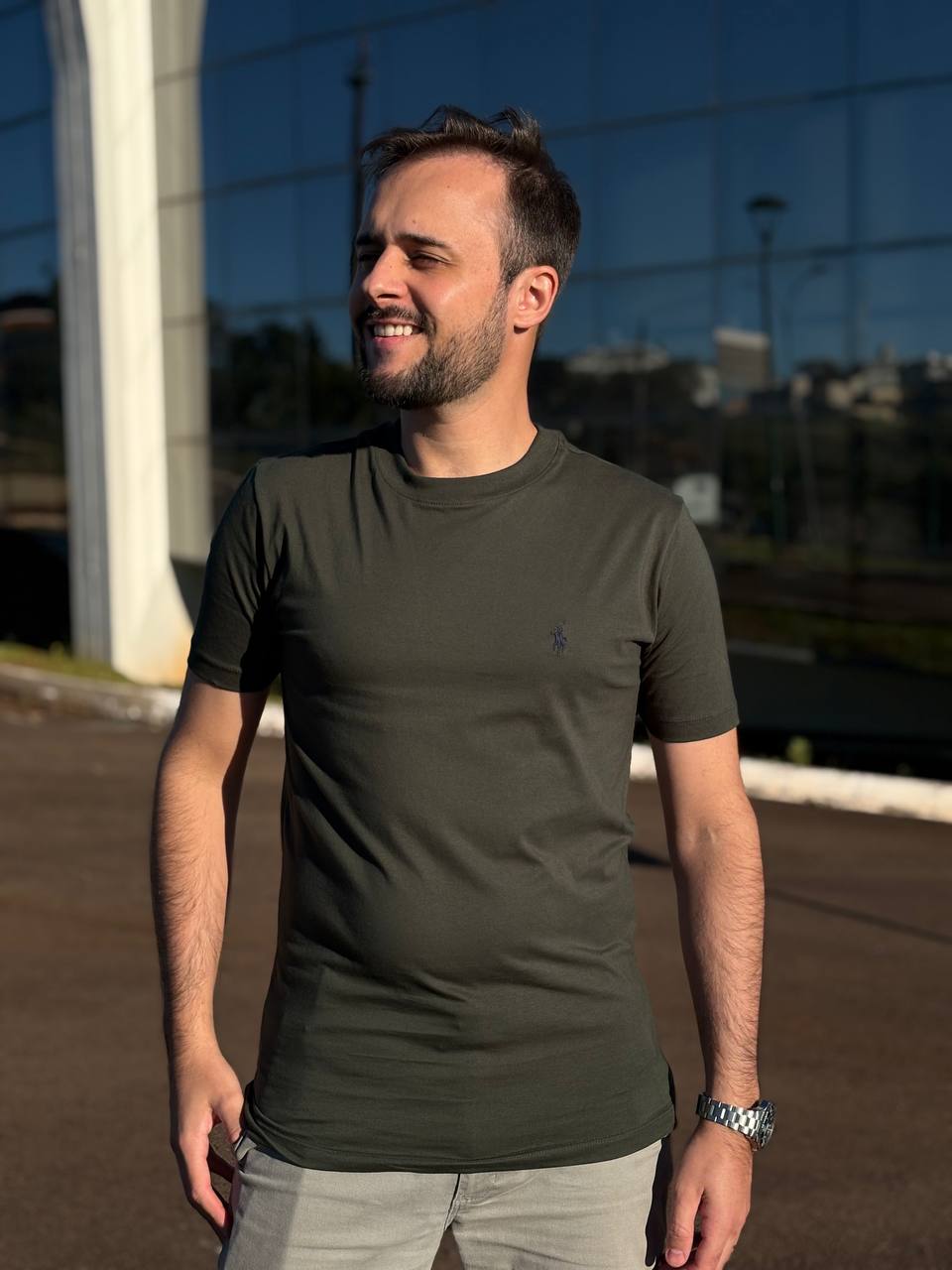 Camiseta Básica Masculina Supima Siliconada Ralph Lauren Verde Pony Marinho