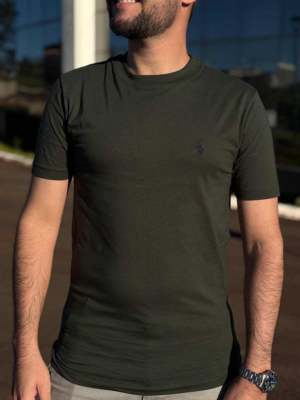 Camiseta Básica Masculina Supima Siliconada Ralph Lauren Verde Pony Marinho
