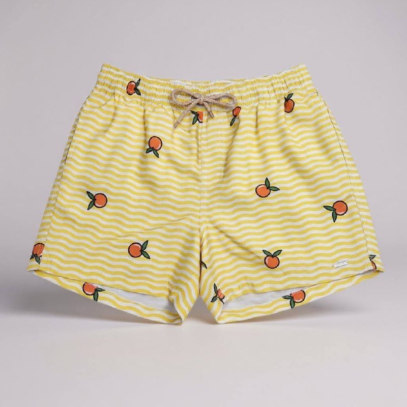Shorts Praia Masculino Khotz Estampa Tangerina Amarelo com Ponteiras em Metal