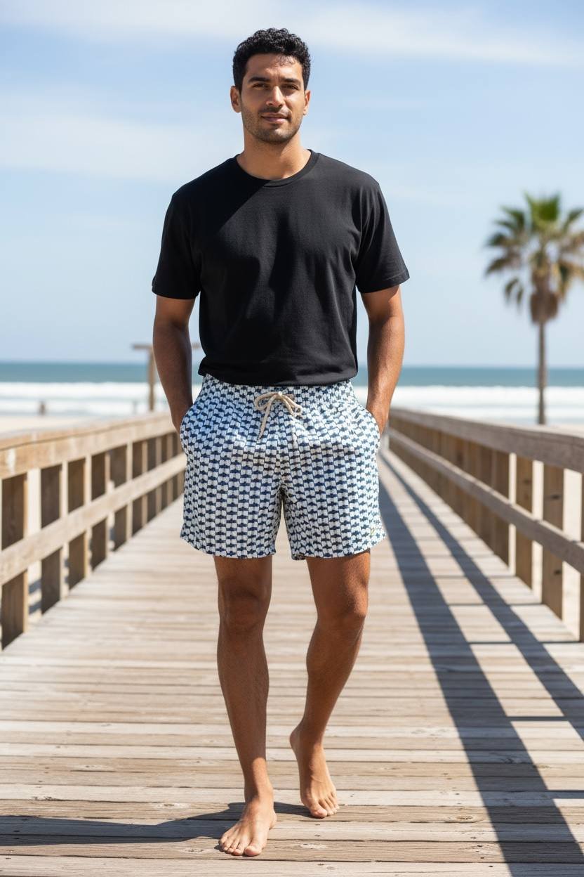 Shorts Praia Masculino Khotz Estampa Espinha de Peixe com Ponteiras em Metal