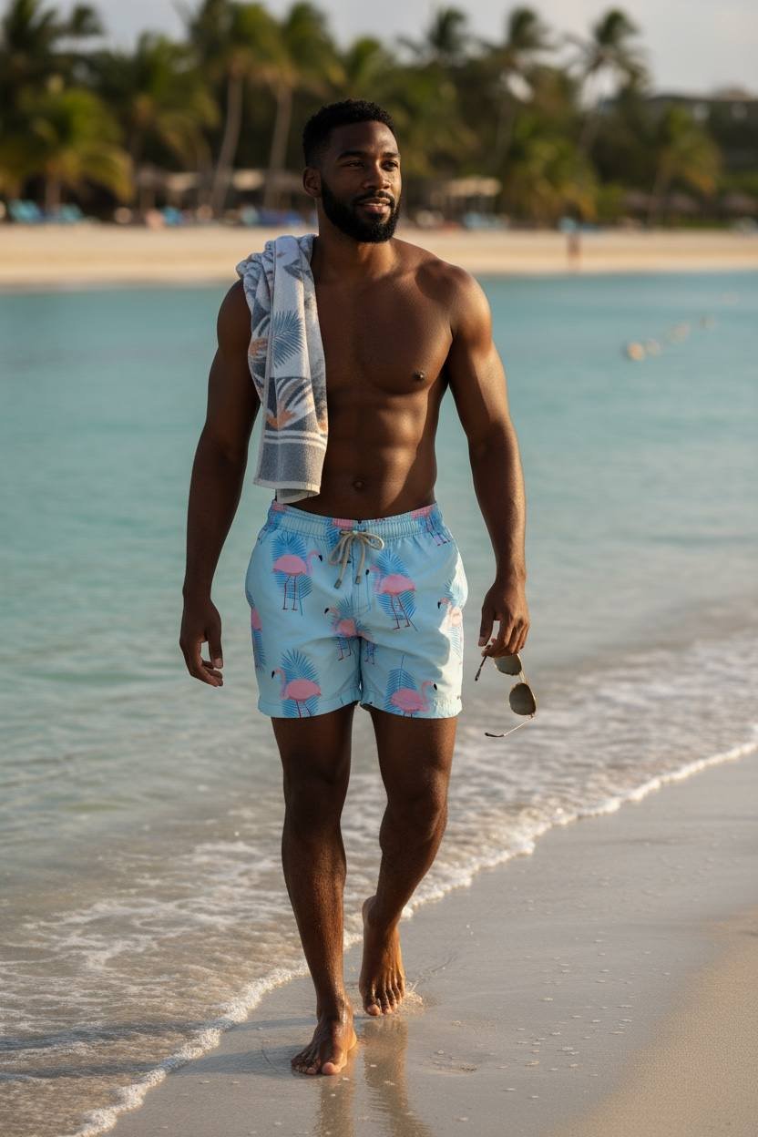 Shorts Praia Masculino Khotz Estampa Flamingo Azul com Ponteiras em Metal