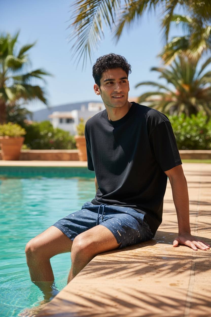 Shorts Praia Masculino Khotz Estampa Espinha de Peixe Azul com Ponteiras em Metal