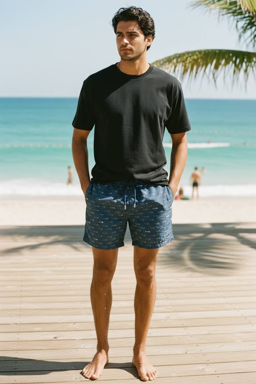 Shorts Praia Masculino Khotz Estampa Espinha de Peixe Azul com Ponteiras em Metal