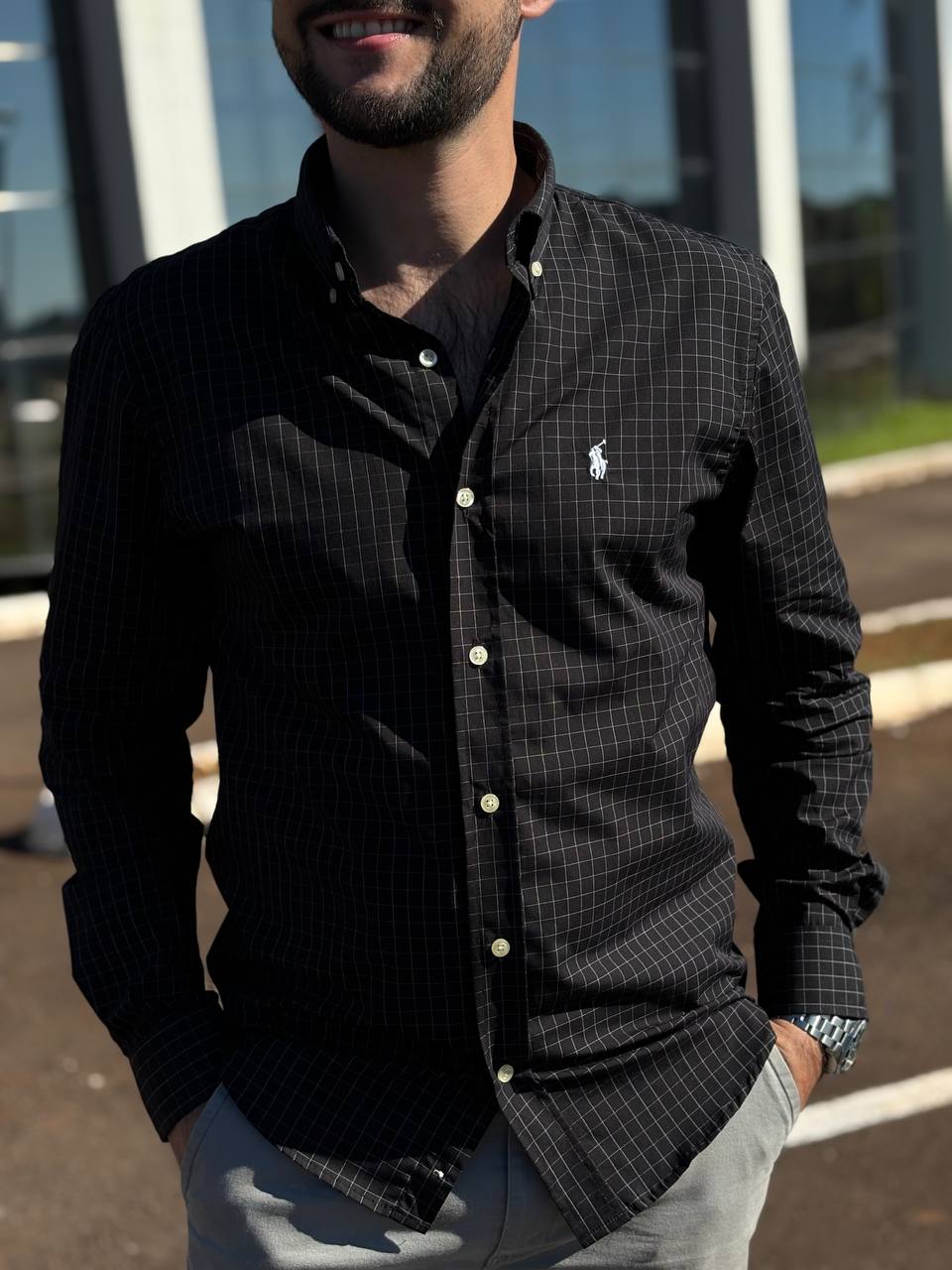 Camisa Ralph Lauren Masculina Xadrez Executivo Preta Pony Branco