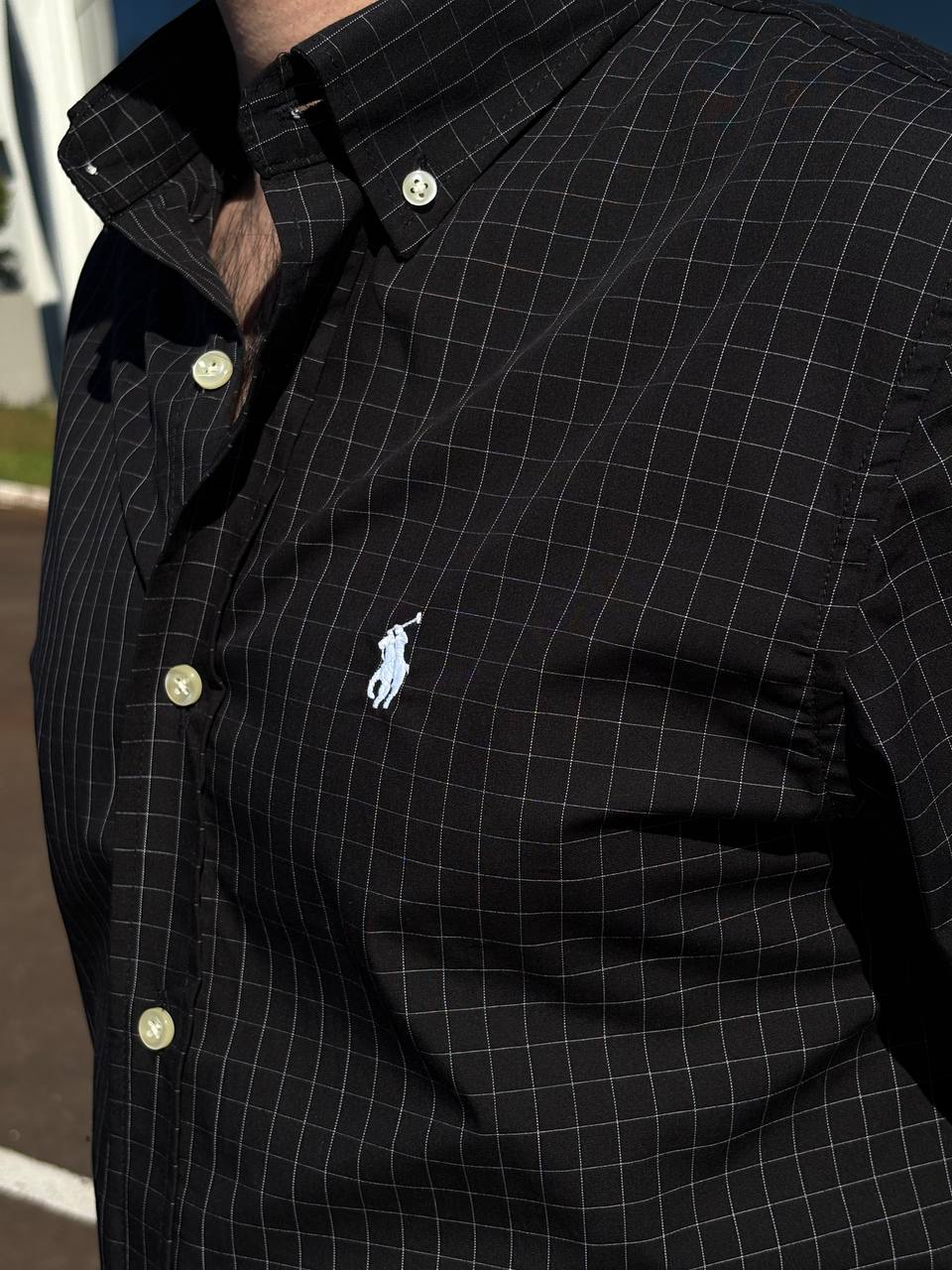 Camisa Ralph Lauren Masculina Xadrez Executivo Preta Pony Branco