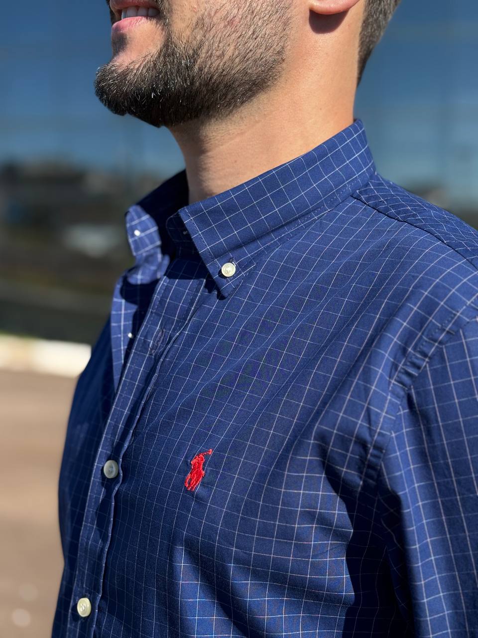 Camisa Ralph Lauren Masculina Xadrez Executivo Azul Naval Pony Vermelho