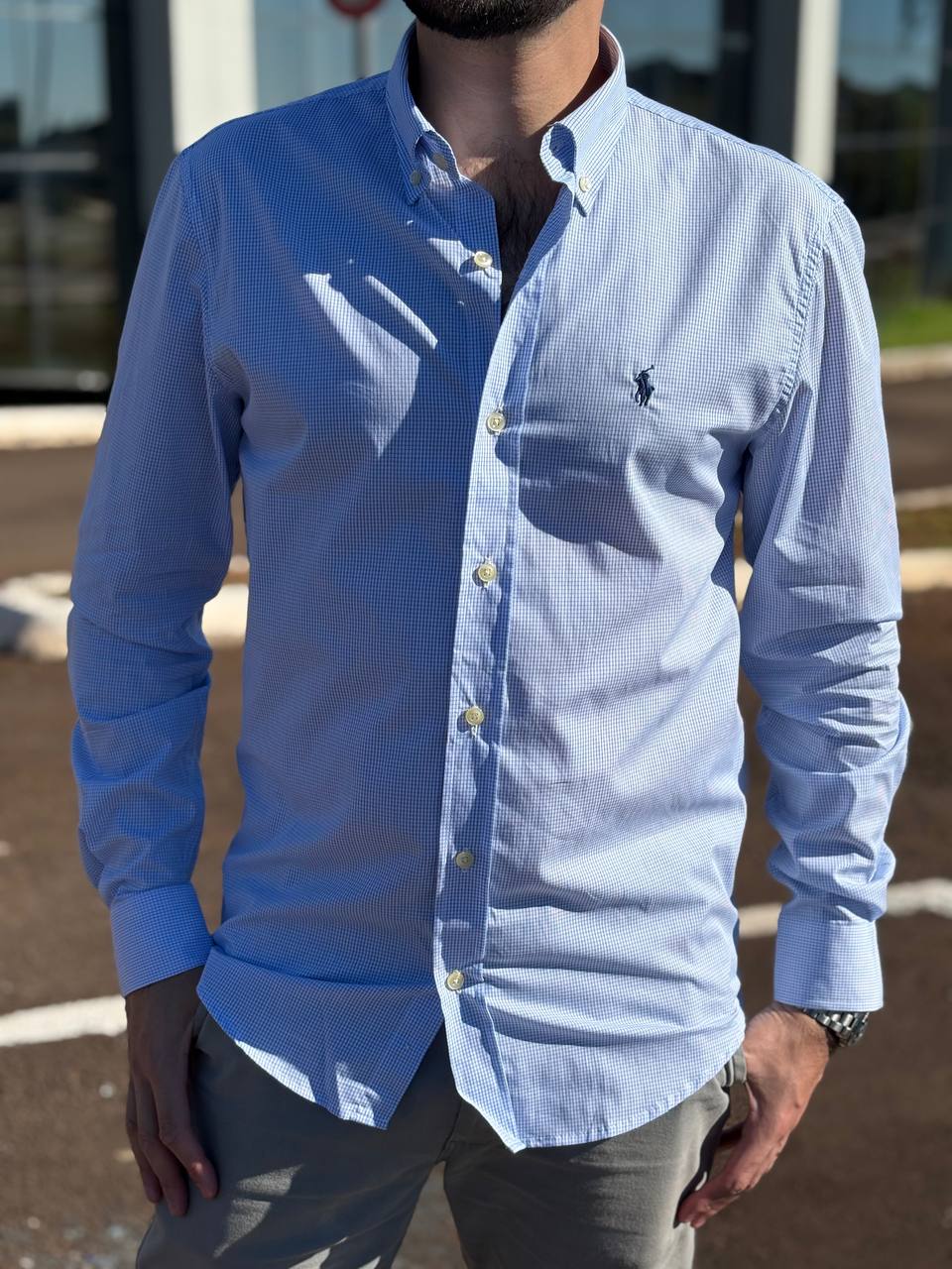 Camisa Ralph Lauren Masculina Micro Xadrez Luxo Azul Pony Marinho