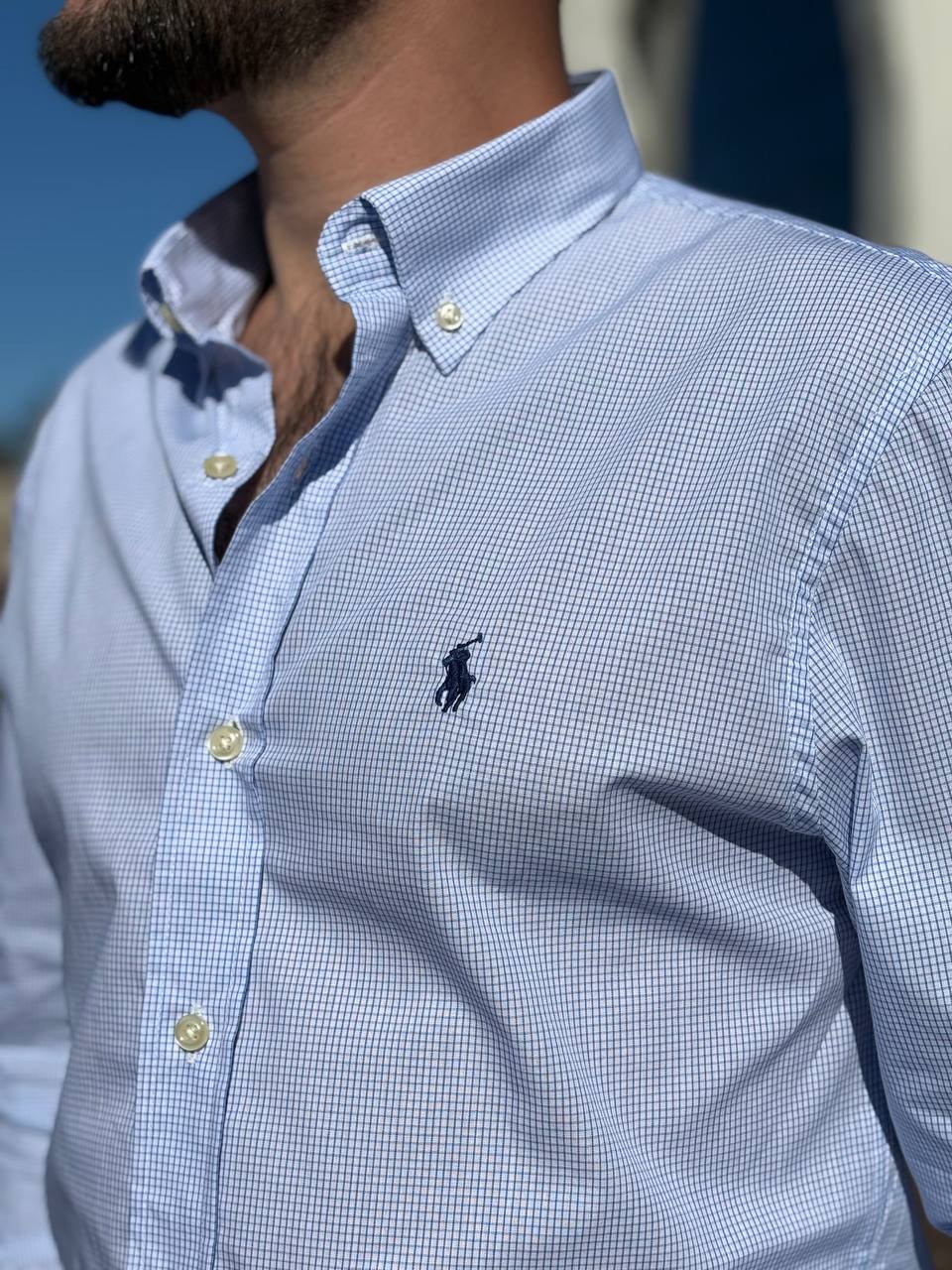 Camisa Ralph Lauren Masculina Micro Xadrez Luxo Azul Pony Marinho