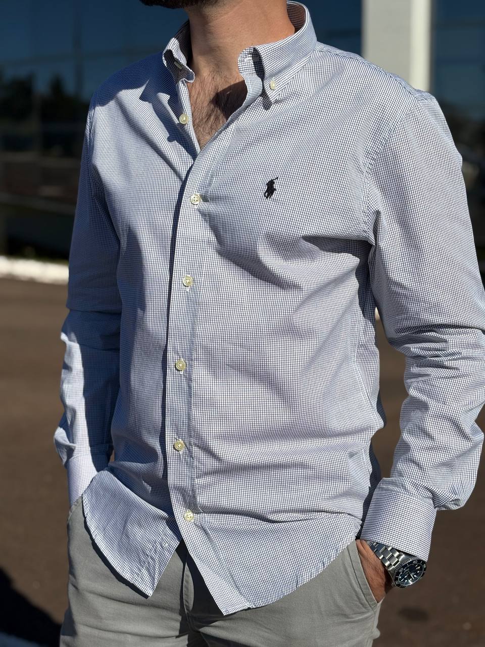 Camisa Ralph Lauren Masculina Micro Xadrez Luxo Preta Pony Preto