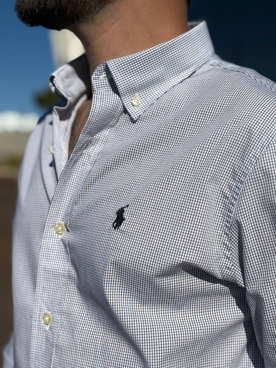 Camisa Ralph Lauren Masculina Micro Xadrez Luxo Preta Pony Preto