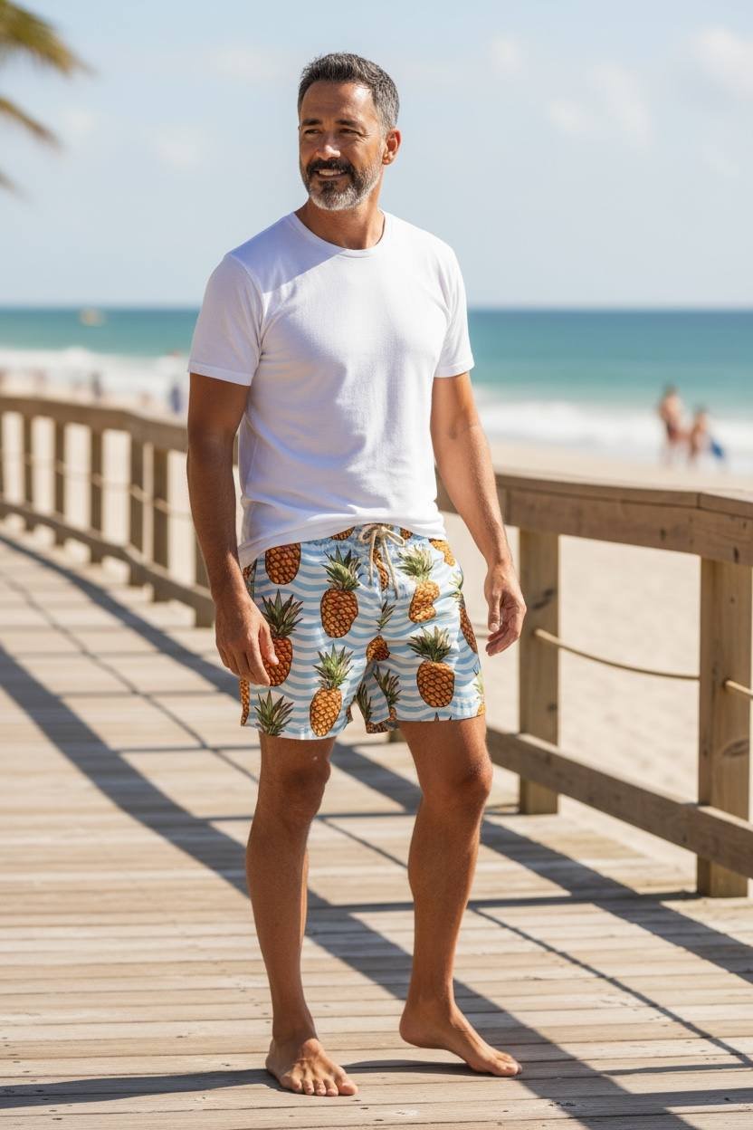 Shorts Praia Masculino Khotz Estampa Abacaxi com Ponteiras em Metal