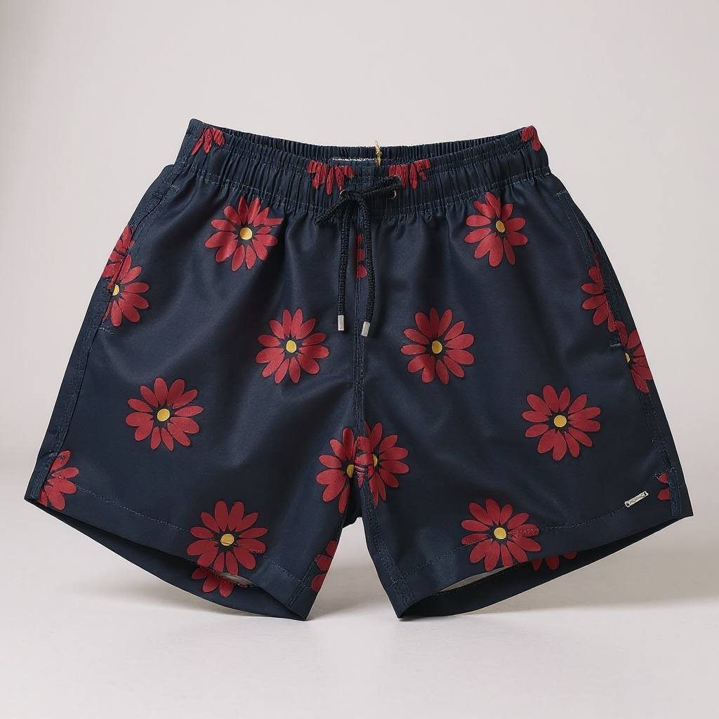 Shorts Praia Masculino Khotz Estampa Flores cor Azul com Ponteiras em Metal