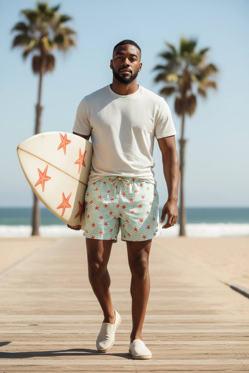 Shorts Praia Masculino Khotz Estampa Estrela do Mar com Ponteiras em Metal