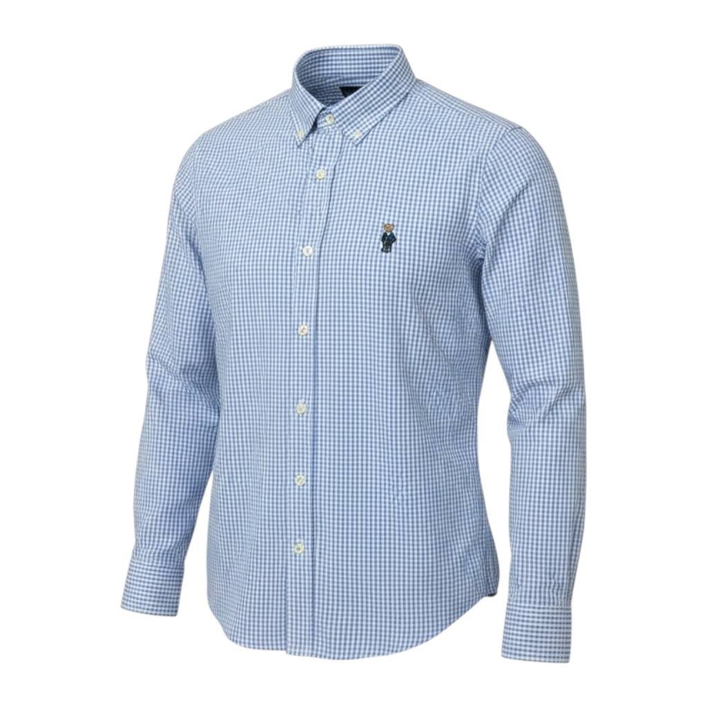 Camisa Ralph Lauren Masculina Oxford Micro Xadrez Clássico Azul Urso Americano