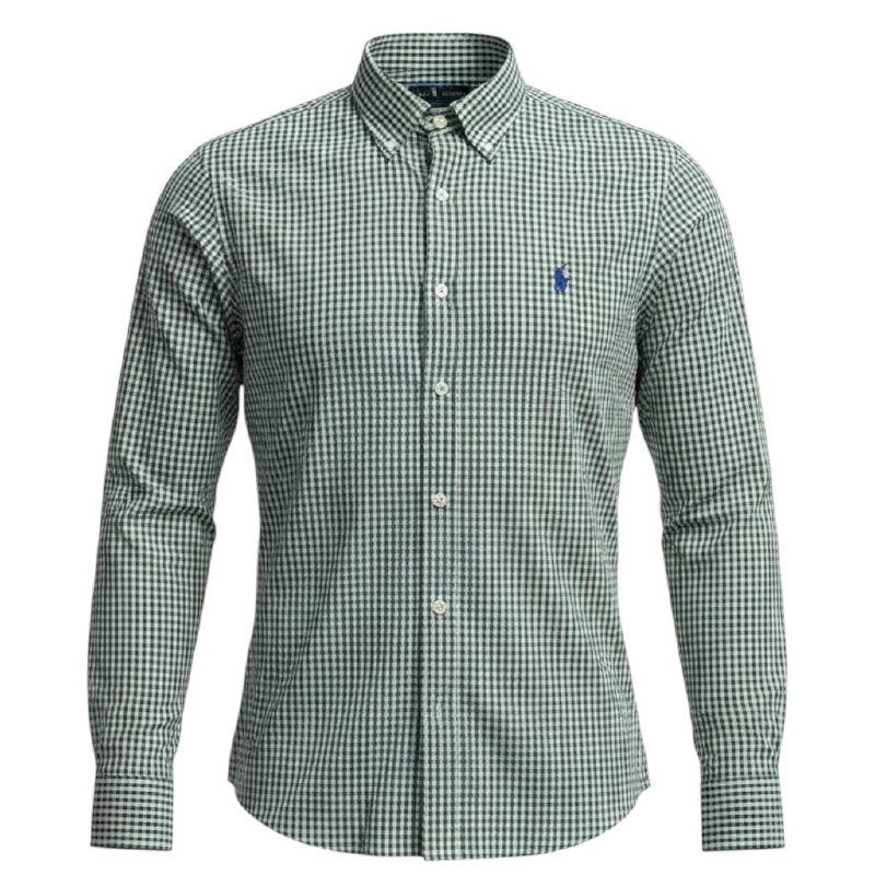 Camisa Ralph Lauren Masculina Oxford Micro Xadrez Clássico Verde Pony Marinho