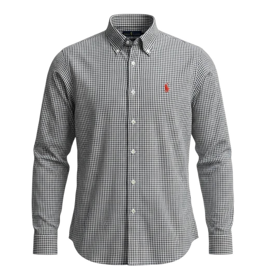 Camisa Ralph Lauren Masculina Oxford Micro Xadrez Clássico Preta Pony Vermelho