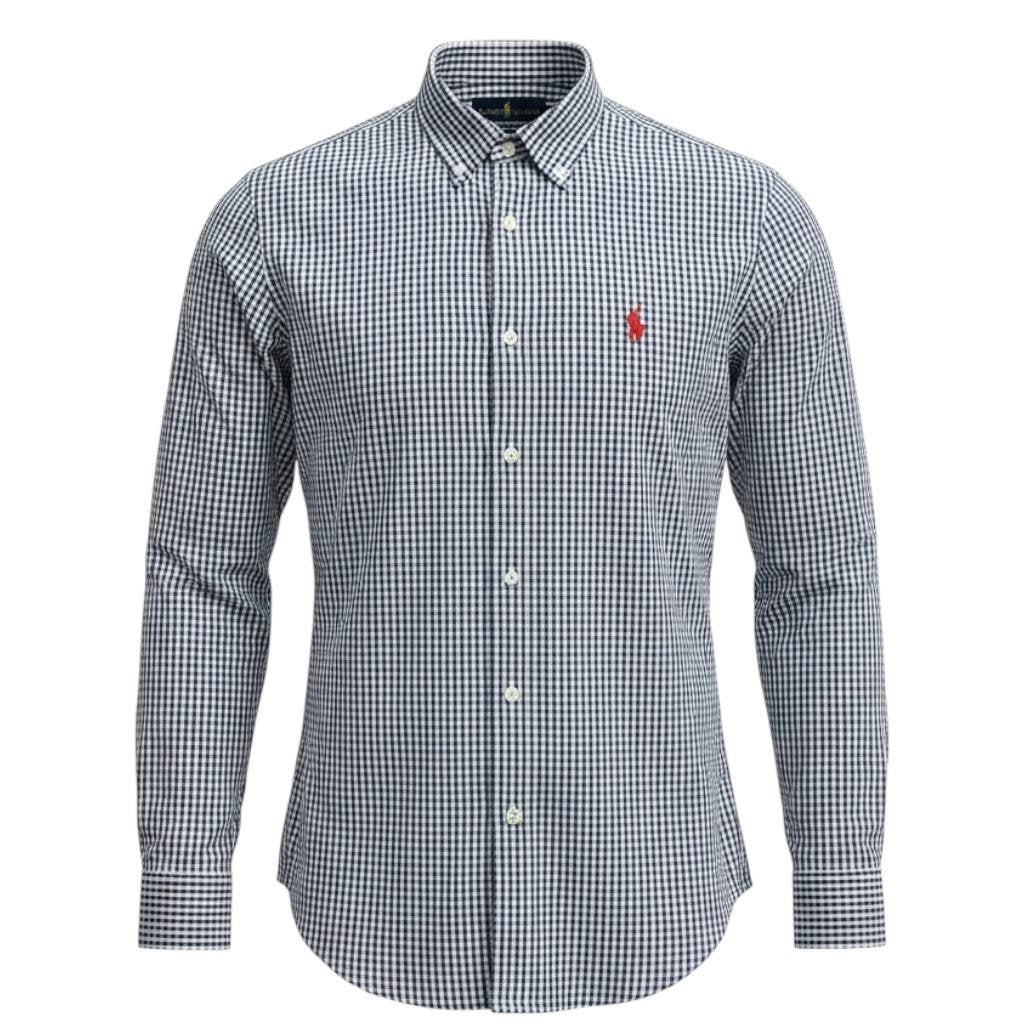 Camisa Ralph Lauren Masculina Oxford Micro Xadrez Clássico Marinho Pony Vermelho