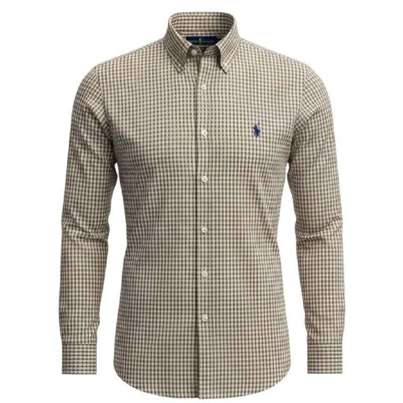 Camisa Ralph Lauren Masculina Oxford Micro Xadrez Clássico Marrom Pony Marinho