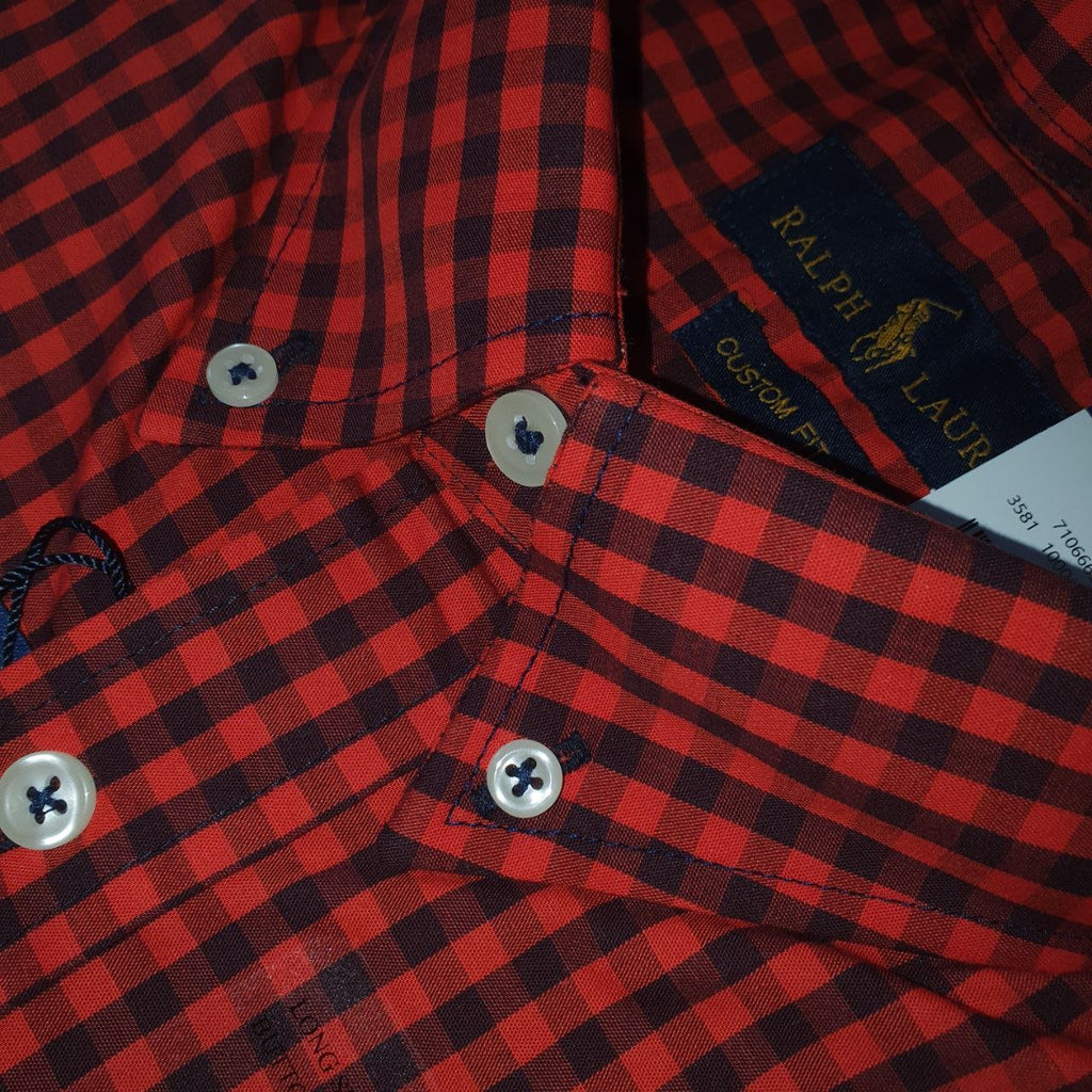 Camisa Ralph Lauren Masculina Xadrez Vermelho Sangue Pony Azul
