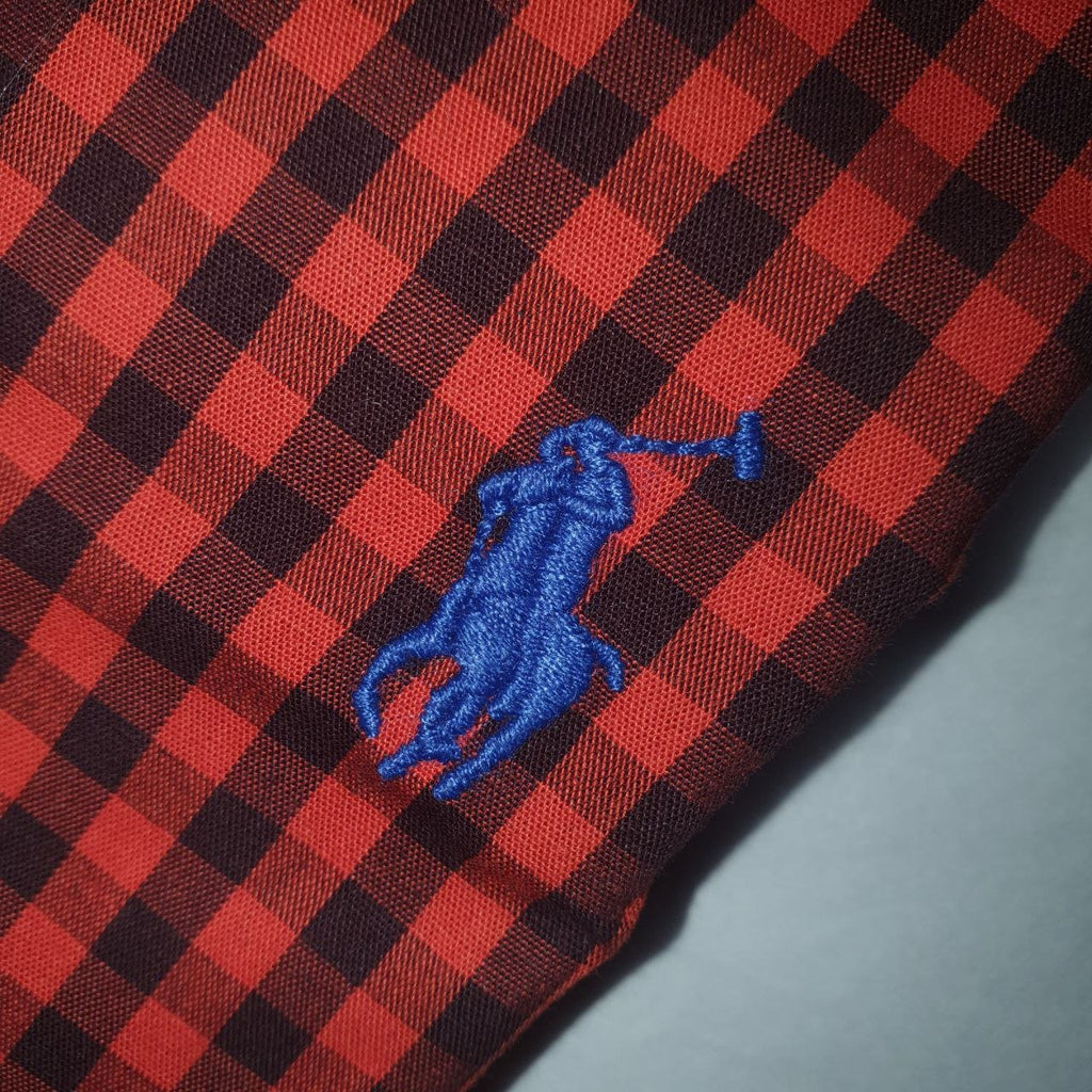 Camisa Ralph Lauren Masculina Xadrez Vermelho Sangue Pony Azul