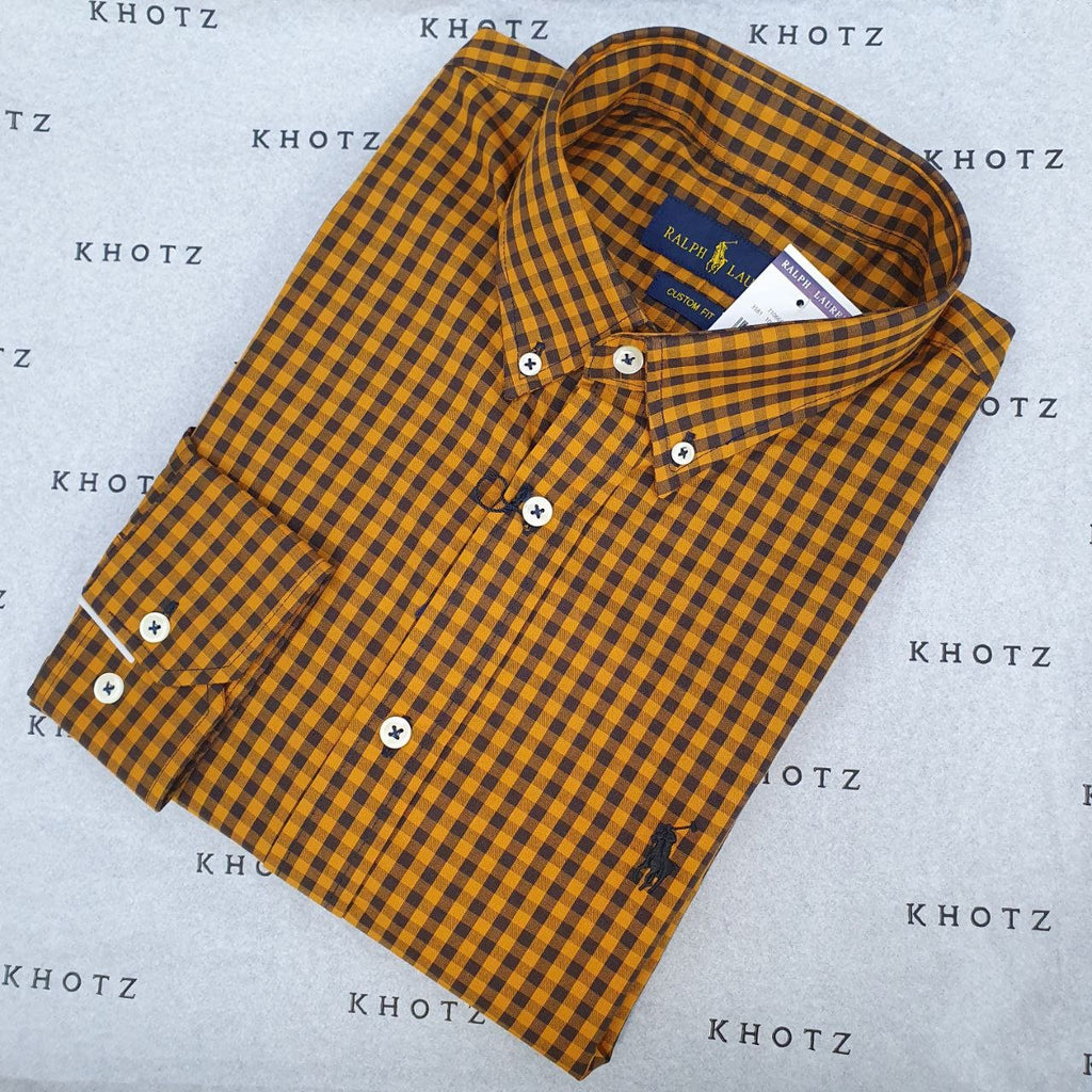 Camisa Ralph Lauren Masculina Xadrez Mostarda Pony Preto