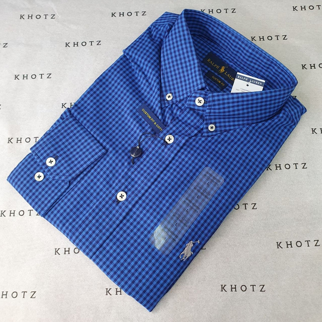 Camisa Ralph Lauren Masculina Micro Xadrez Australiano Azul Pony Cinza