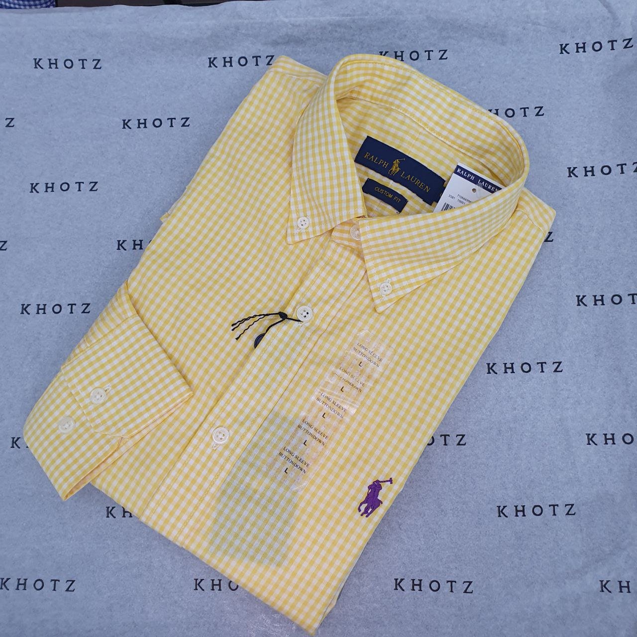 Camisa Ralph Lauren Masculina Micro Xadrez Amarelo Pony Roxo
