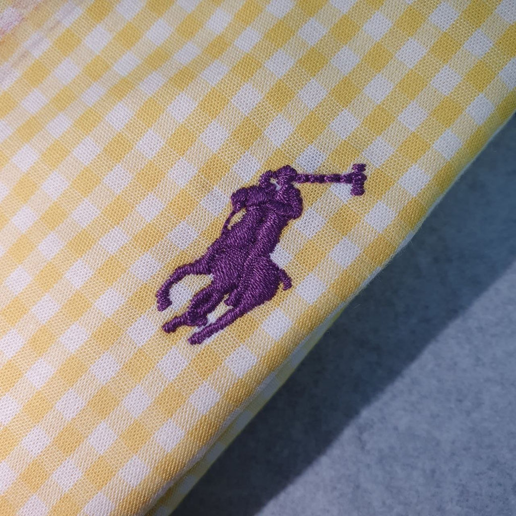 Camisa Ralph Lauren Masculina Micro Xadrez Amarelo Pony Roxo