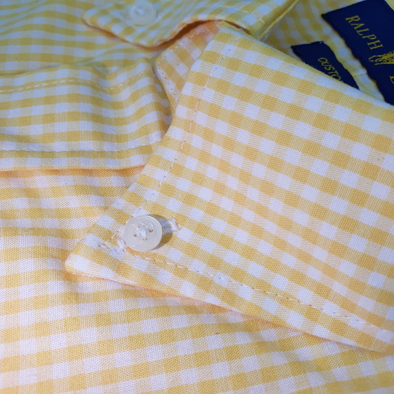 Camisa Ralph Lauren Masculina Micro Xadrez Amarelo Pony Roxo