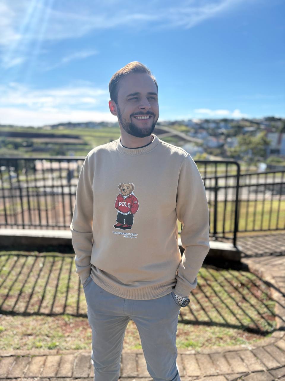 Moletom Ralph Lauren Masculino Areia Peluciado Urso Americano
