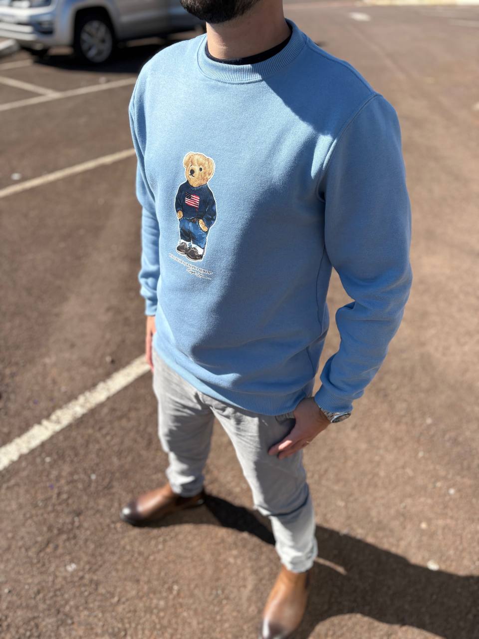 Moletom Ralph Lauren Masculino Azul Bebê Peluciado Urso Americano