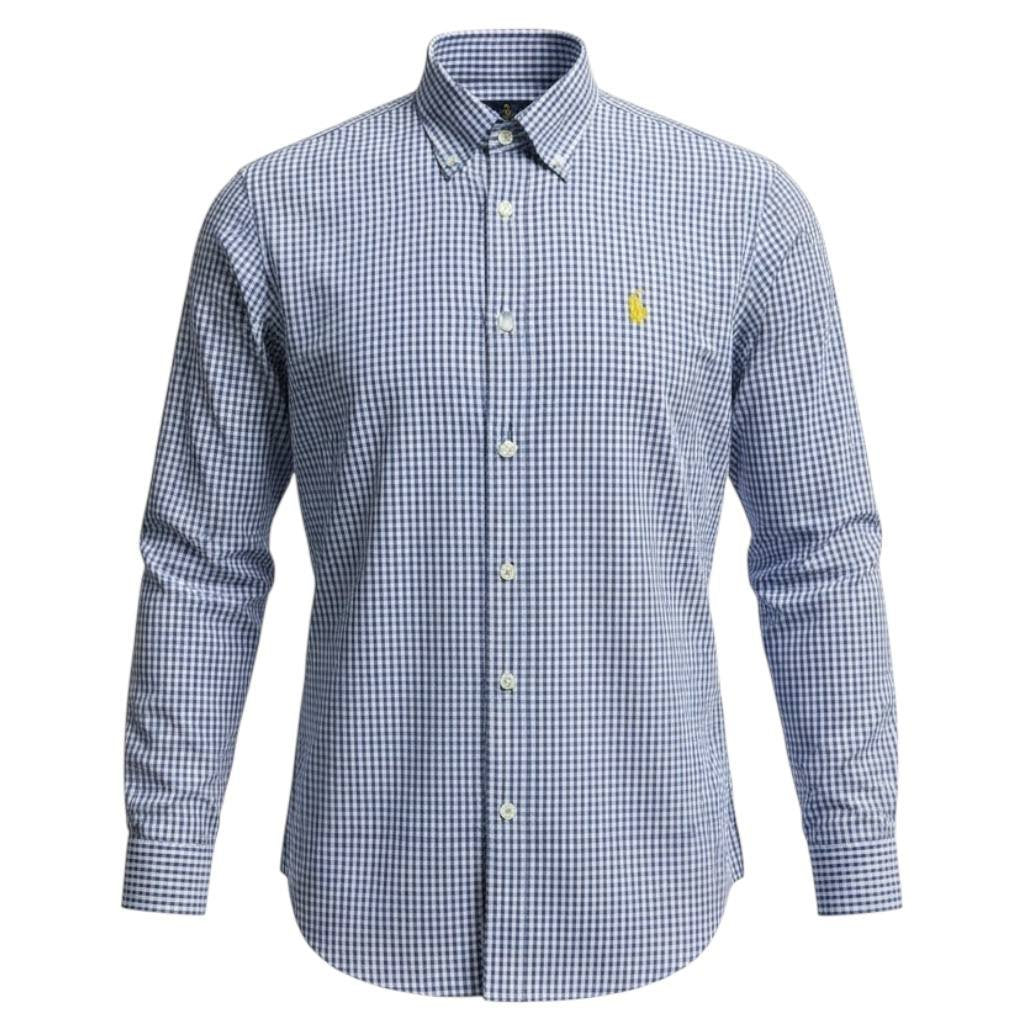 Camisa Ralph Lauren Masculina Micro Xadrez Azul Royal Pony Amarelo