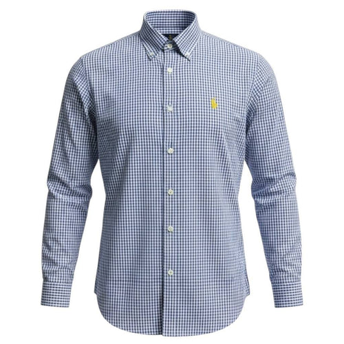 Camisa Ralph Lauren Masculina Micro Xadrez Azul Royal Pony Amarelo