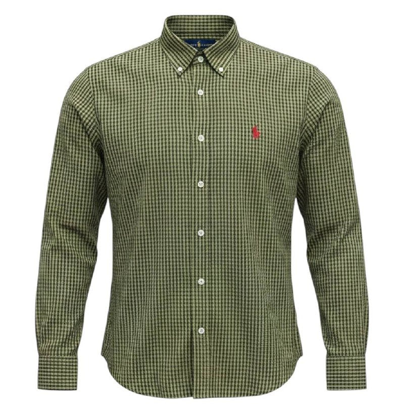 Camisa Ralph Lauren Masculina Micro Xadrez Verde Exército Pony Bordô