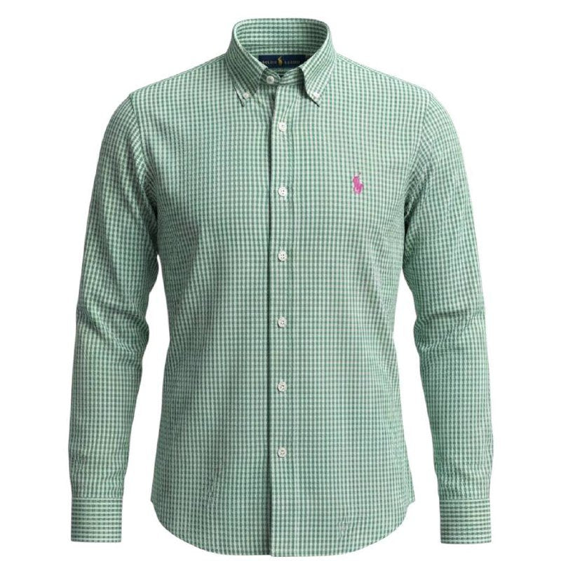 Camisa Ralph Lauren Masculina Micro Xadrez Verde Cidreira Pony Rosa