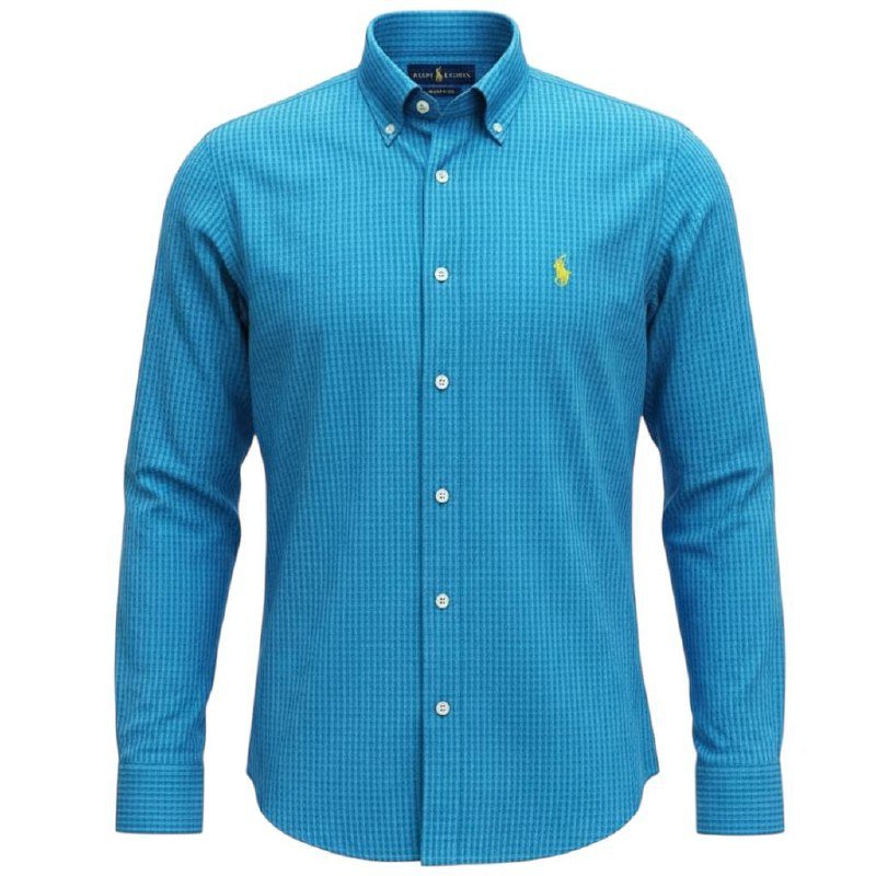 Camisa Ralph Lauren Masculina Micro Xadrez Blue Ice Pony Amarelo