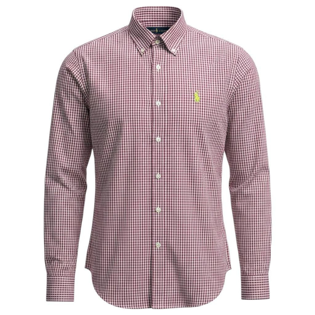 Camisa Ralph Lauren Masculina Micro Xadrez Goiaba Pony Limão