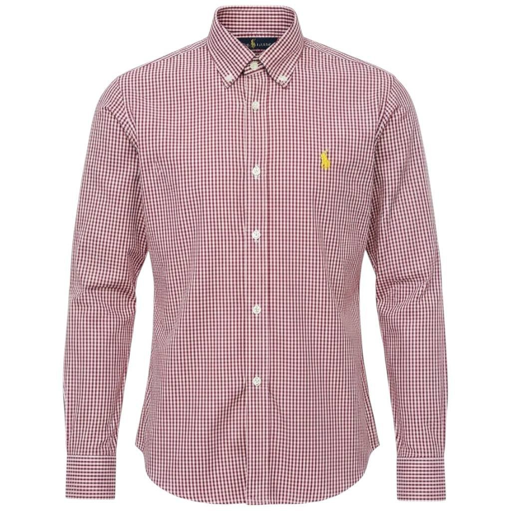 Camisa Ralph Lauren Masculina Micro Xadrez Vermelho Pony Amarelo