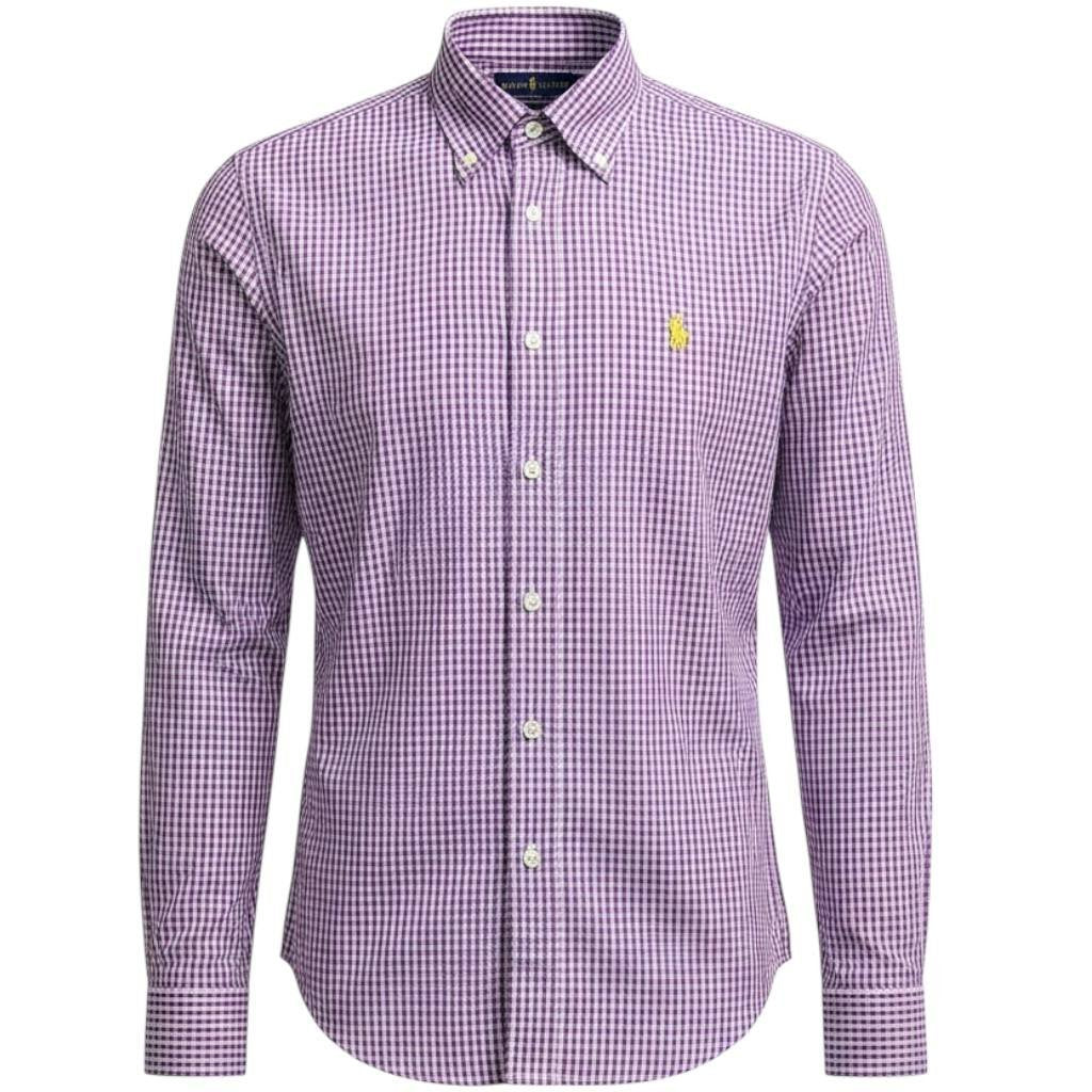 Camisa Ralph Lauren Masculina Micro Xadrez Roxo Pony Amarelo