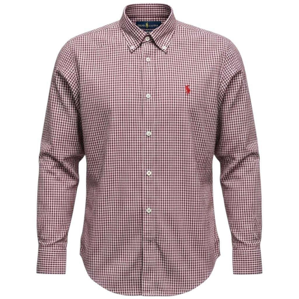 Camisa Ralph Lauren Masculina Micro Xadrez Malbec Pony Bordô
